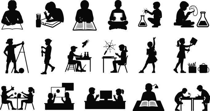 Children education silhouette icons showing reading, writing, science experiments, computer learning, teamwork, and creative classroom activities