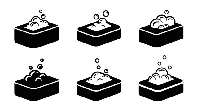 Soap Bar Icons with Bubbles, Set of Six, Black and White Vector Graphics
