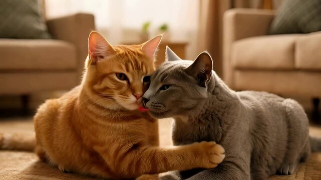 Social cat grooming behaviour between two feline companions