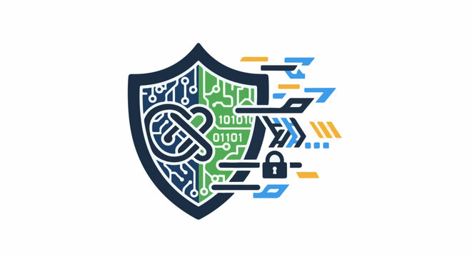 Digital shield with cybersecurity elements, binary code, and lock icon