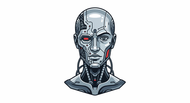 Pixel art android head with a human-like face and mechanical elements