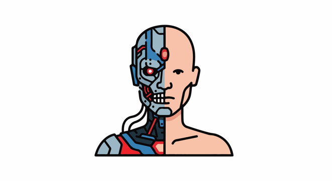 Split human face, half organic, half robotic