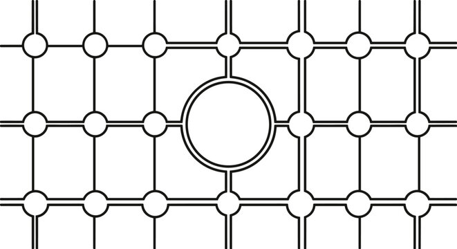 Black lines on white surface with a central large double-ring circular void interrupting the uniform square network of squares.