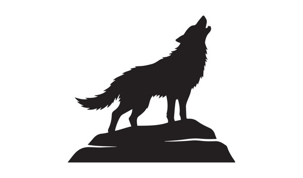Wild wolf howling at the moon on rock cliff silhouette vector illustration for wilderness wildlife