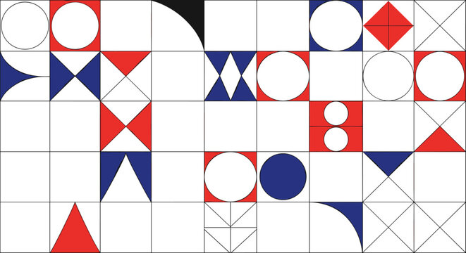 Multi-colored network with red, blue, and black shapes like circles and triangles on a plain white surface for creative designs.
