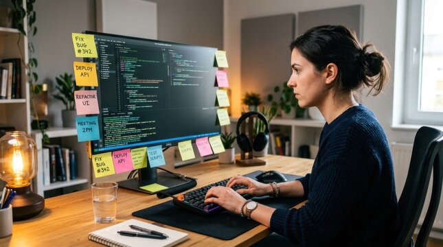 Focused woman programming at a desk in a home office, typing on a keyboard beside a monitor filled with code and sticky task notes, creating a calm modern remote work scene for advertising and editori