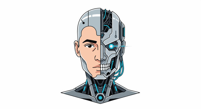 A human face is depicted split with a robotic mechanical skull, showcasing artificial intelligence
