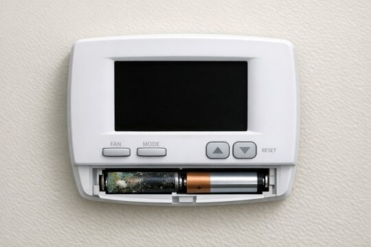 A digital thermostat with a battery installed, ideal for use in various settings such as homes, offices or industrial facilities