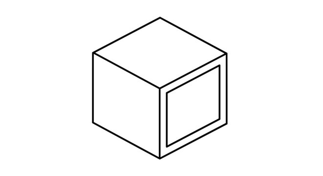 Isometric cube featuring a hollow square frame outline on the front face with clean minimalist lines on white background.