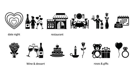 Naklejka premium Valentine's Day icons set: date night, restaurant, wine, roses, teddy bear, ring