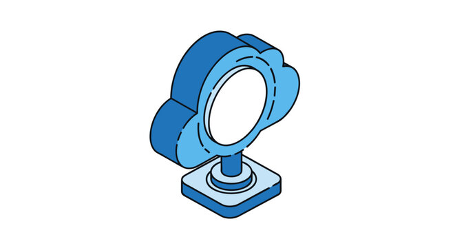 Isometric blue cloud network node with a circular interior and square base on a plain surface for modern digital infrastructure setups.