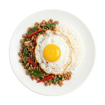 Authentic pad krapow with jasmine rice on white background
