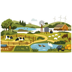 Fototapeta premium Vibrant Flat Design Farm Landscape with Animals and Windmills