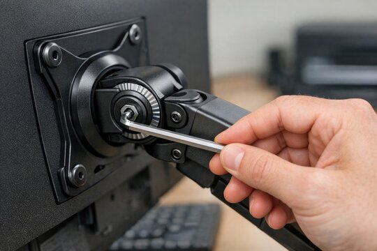 A person holds a small , wren, in front of a computer monitor