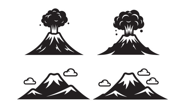 Vector black and white illustration set of volcano eruption and mountain peaks with small clouds