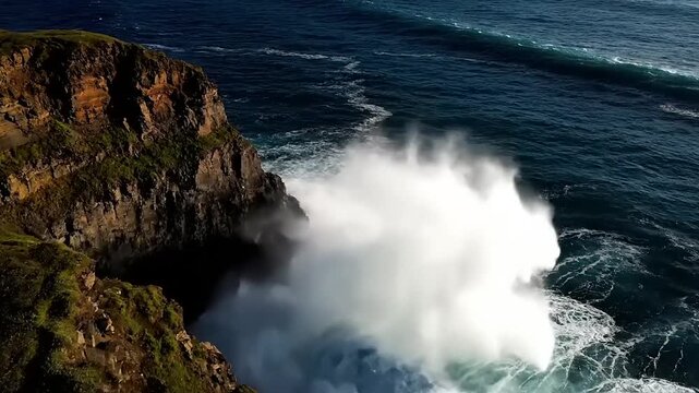Aerial view of powerful ocean waves crashing against a steep rocky cliff with white water spray