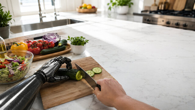 Person with prosthetic arm preparing fresh vegetables in modern kitchen