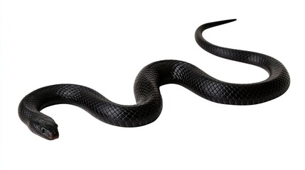 Obraz premium Single glossy black snake slithering across the studio floor captured in sharp detail on white background