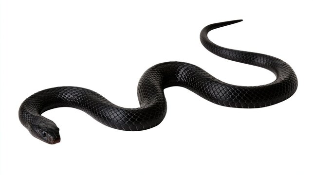 Single glossy black snake slithering across the studio floor captured in sharp detail on white background