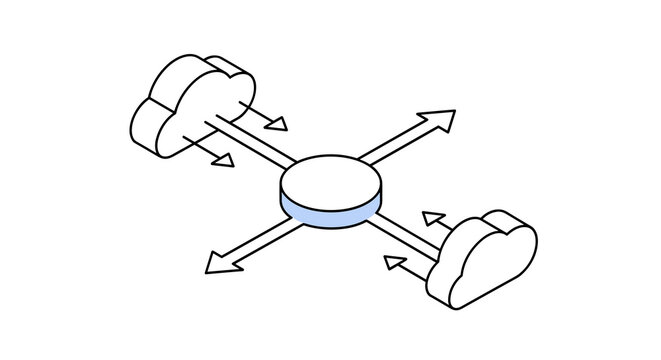 Two cloud icons linked to a central hub with directional paths for bidirectional network communication and cloud infrastructure.