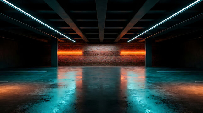Empty Modern Underground Garage Interior With Neon Lighting And Reflective Concrete Floor Background