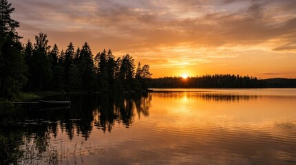 Fototapeta premium Golden sunset over calm lake with tree silhouettes on shoreline