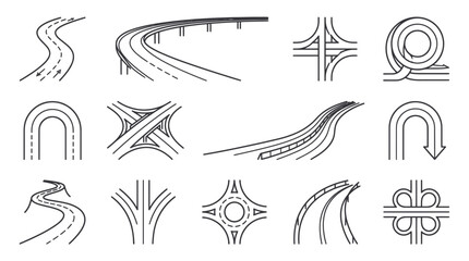 Collection of road and highway interchange icons, traffic junctions, and curves © jungkat