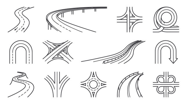 Collection of road and highway interchange icons, traffic junctions, and curves