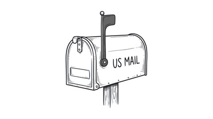 Hand-drawn sketch of a classic US Mailbox on a wooden post, isolated on white © jungkat