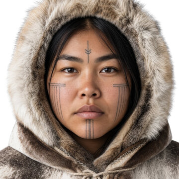 Indigenous Arctic Woman Portrait with Traditional Facial Tattoos and Fur Hood