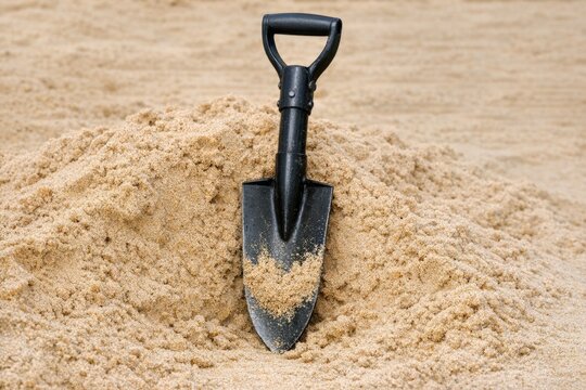 A shovel buried in a mound of sand, with plenty of room to dig out