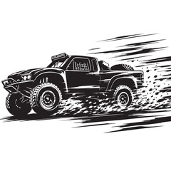 Off-road truck racing illustration black and white, dynamic action, power, speed, dirt, adventure © Design Mosaic