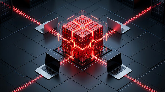Cyber Security Blockchain Technology Data Center Network Connection With Red Glowing Digital Cube And Laptops