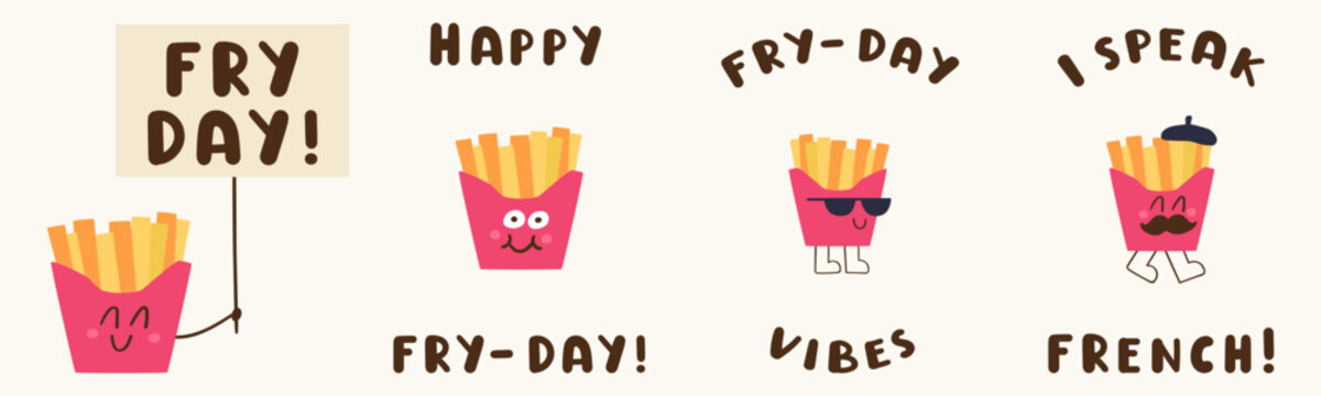 Cute french fries characters set with funny fry day summer fast food quotes