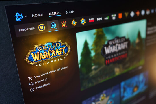DNIPRO, UKRAINE - JUNE 29, 2026: World of Warcraft Classic game menu on Blizzard Battle.net launcher client on screen, featuring classic logo and Hardcore mode announcement banner.