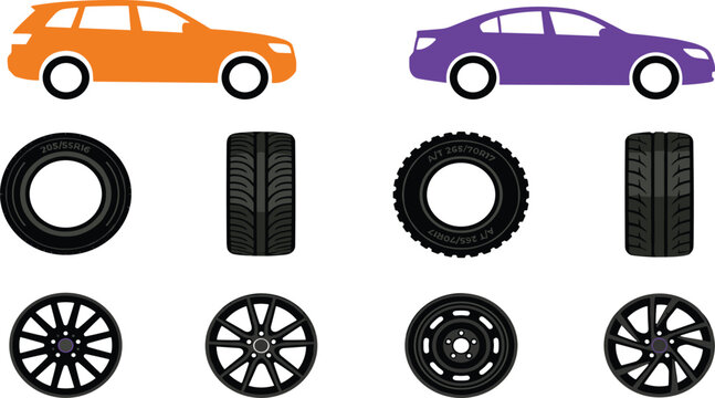 Car Tire and Alloy Wheel Rim Set featuring Automobile Silhouettes, Rubber Tyres, Tread Patterns, and Alloy Rims for Automotive Service and Transport Graphics