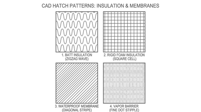 Architectural CAD Hatch Patterns for Insulation and Building Membranes.