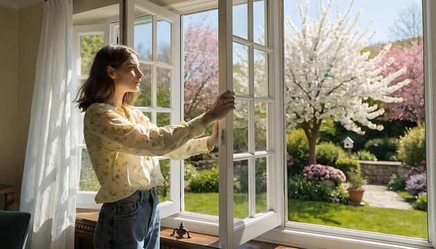 Young woman opening a window to a beautiful spring garden filled with blooming trees and flowers on a sunny day.