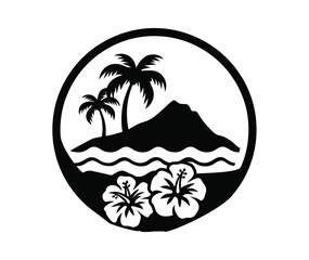 Obraz premium Island silhouette illustration with palm trees and hibiscus flowers in circle