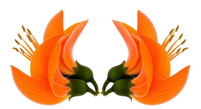 Pair of orange flame of the forest flowers with botanical monosperma tropical isolated