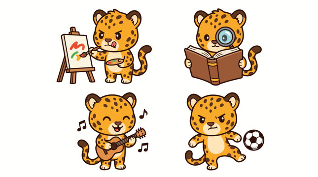 Set of cute cartoon leopards engaged in different activities and hobbies.