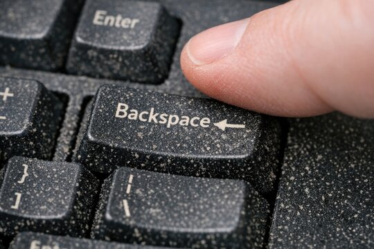 A close-up shot of a finger pressing the backspace key on a black keyboard