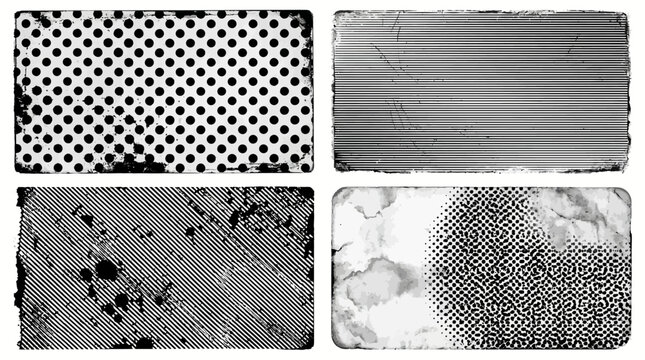 Set of four abstract grunge texture frames with halftone and distressed patterns.