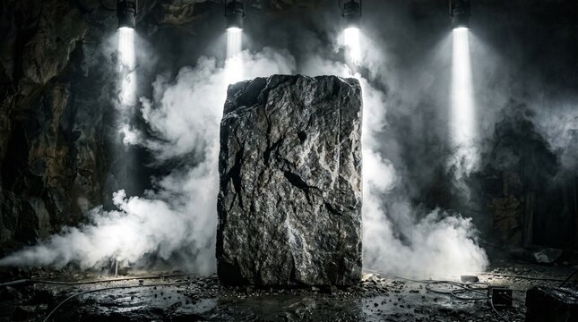 Granite Slab Rough hewn Stone in Spotlight at Dark Quarry