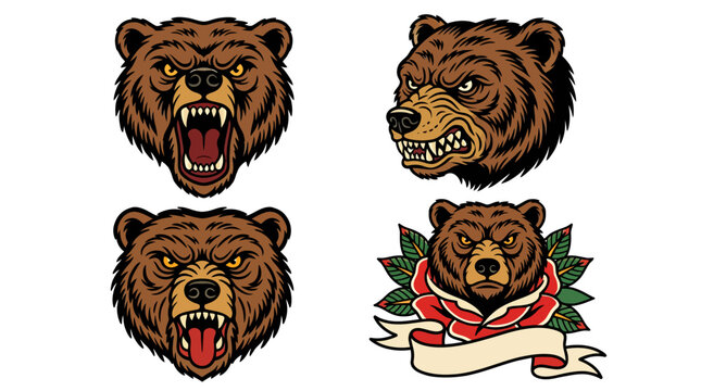Set of aggressive bear head illustrations in vintage tattoo style.