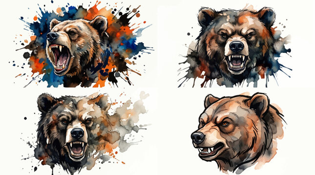 Set of four aggressive bear portraits in watercolor style.