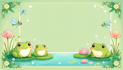 Fototapeta premium Cute Frog Pond Background, Adorable Kawaii Frogs on Lily Pads, Playful Nature Scene for Kids Storytelling and Summer Party Graphic Design