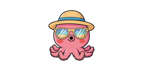 Cute pink octopus wearing a summer straw hat and sunglasses vector illustration with sunglasses vacation character underwater illustration adorable tropical seashore creature tentacle © Akila