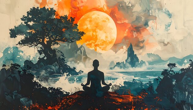 A serene figure meditates under a vibrant orange moon