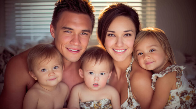 Happy family of five posing together indoors with warm natural lighting. Parents with three young children smiling at camera. Loving multi-generational portrait with golden hour window light.